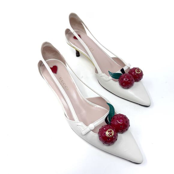 GUCCI Cherry Bone White Unia Leather Kitten Bamboo Heels Pointed Toe EU 37 US 7 - Picture 1 of 10